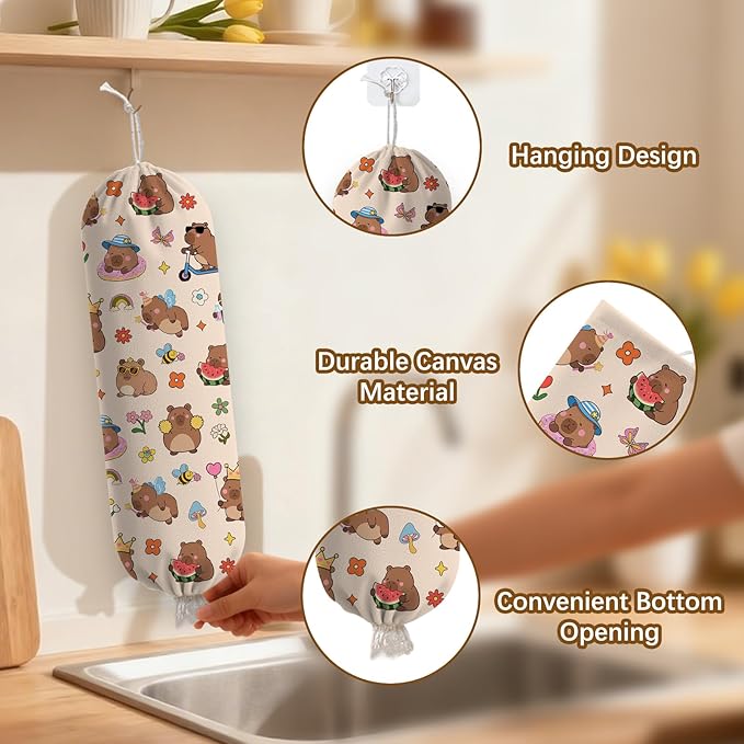 Capybara Plastic Bag Holder Dispenser, Plastic Grocery Bag Organizer & Wall Mount Paper Trash Bag Saver Storage for Kitchen Home Pantry Decor, Cute Animal Decor