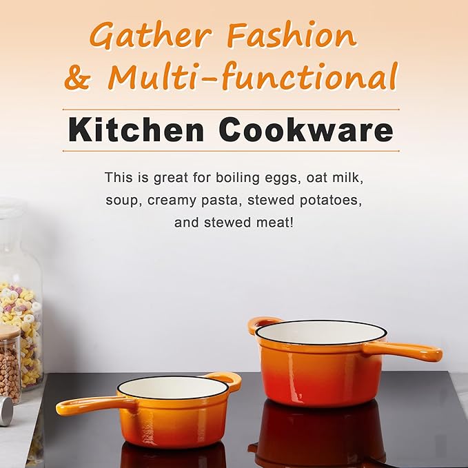 Enameled Cast Iron Sauce Pan, Leonyo 1 Qt & 2 Qt Saucepan Set, Cast Iron Dutch Oven Kitchen Small Pots for All Cooktops Cooking Pasta, Milk, Oatmeal - Up to 500°F & Nonstick, Orange