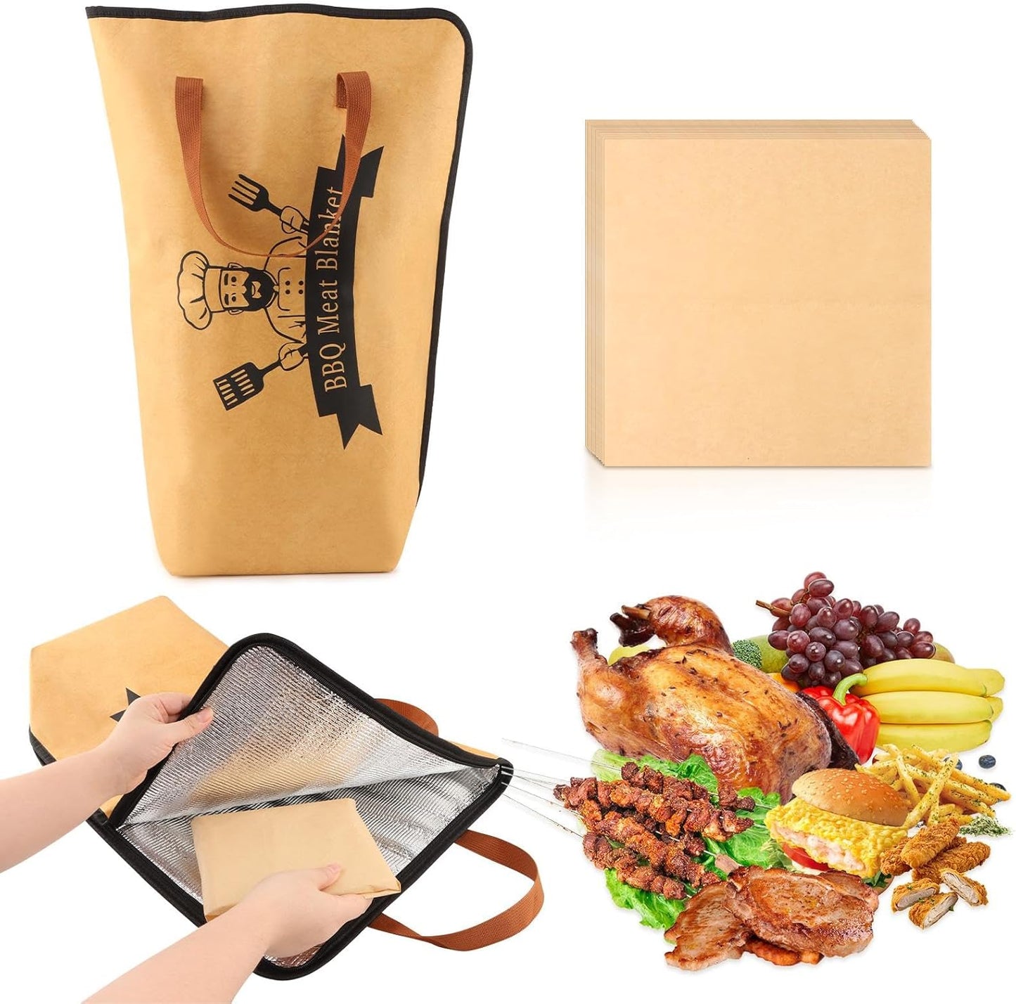 BBQ Blanket for Resting Meat, 21 inch Reusable Smoker Grilling Meat Resting Bag with Zippers, BBQ Accessories for Large Brisket/Beef/Turkey, Gifts for Men(Include 50 Deli Paper)