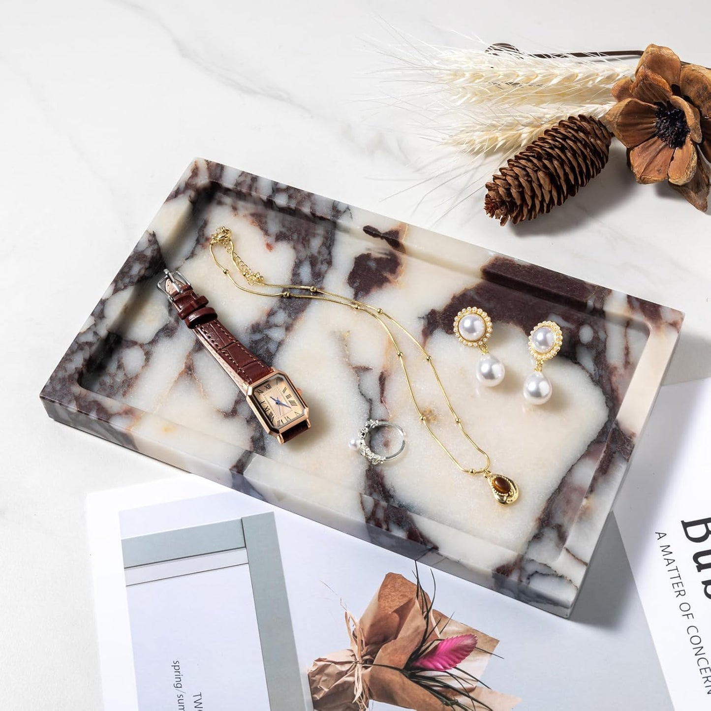 Natural Calacatta Viola Marble Tray 10"x6" Rectangular - Non-Resin Bathroom Vanity Organizer & Office Desk Tray | Waterproof Stone Serving Platter for Jewelry/Perfume (Purple Portoro)