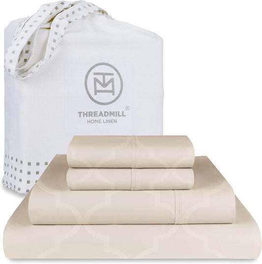 300 Thread Count Jacquard Tradition Light Beige Queen Sheets - 100% Cotton Breathable Silky Soft Damask Sheets - 3 Pc Bed Sheet Set Elasticized Deep Pockets - Wrinkle Free Bedding Sheets by Threadmill