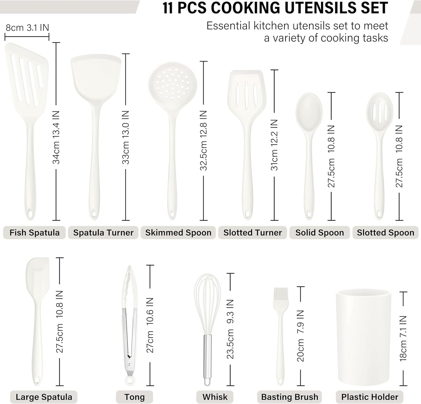 HaWare 11 PCS Silicone Cooking Utensils Set, Heat Resistant Kitchen Utensils with Holder, Food-grade Spatula Sets for Nonstick Cookware, Kitchen Tools Gadgets Include Fish Turner, Spoon (White)