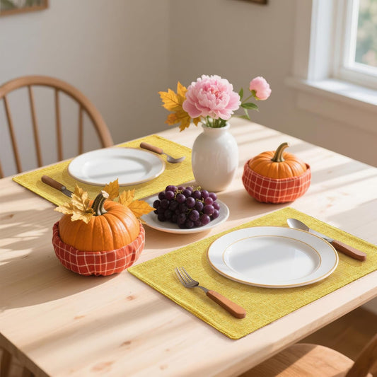 Homaxy Cloths Placemats for Dining Table Set of 6, Heat Resistant Washable Cotton Linen Blend Table Mats, Ideal for Kitchen Party Dining Decoration, 13" x 19", Mustard Yellow