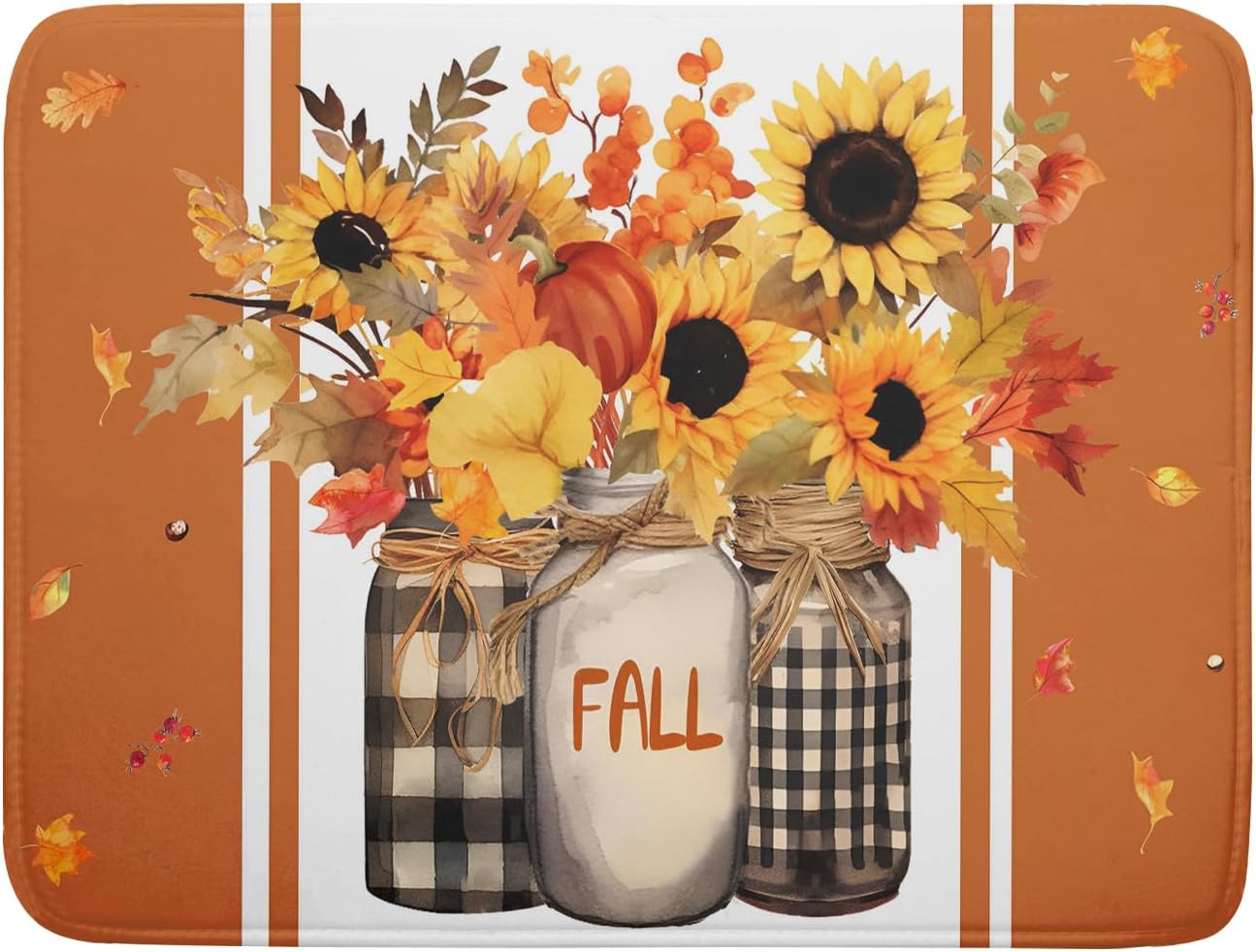 Fall Sunflower Dish Drying Mat 18x24 inch Autumn Leaves Pumpkin Vase Buffalo Plaid Dish Drainer Mat Machine Absorbent Reversible Washable Protector Pad for Kitchen Countertops and Sink