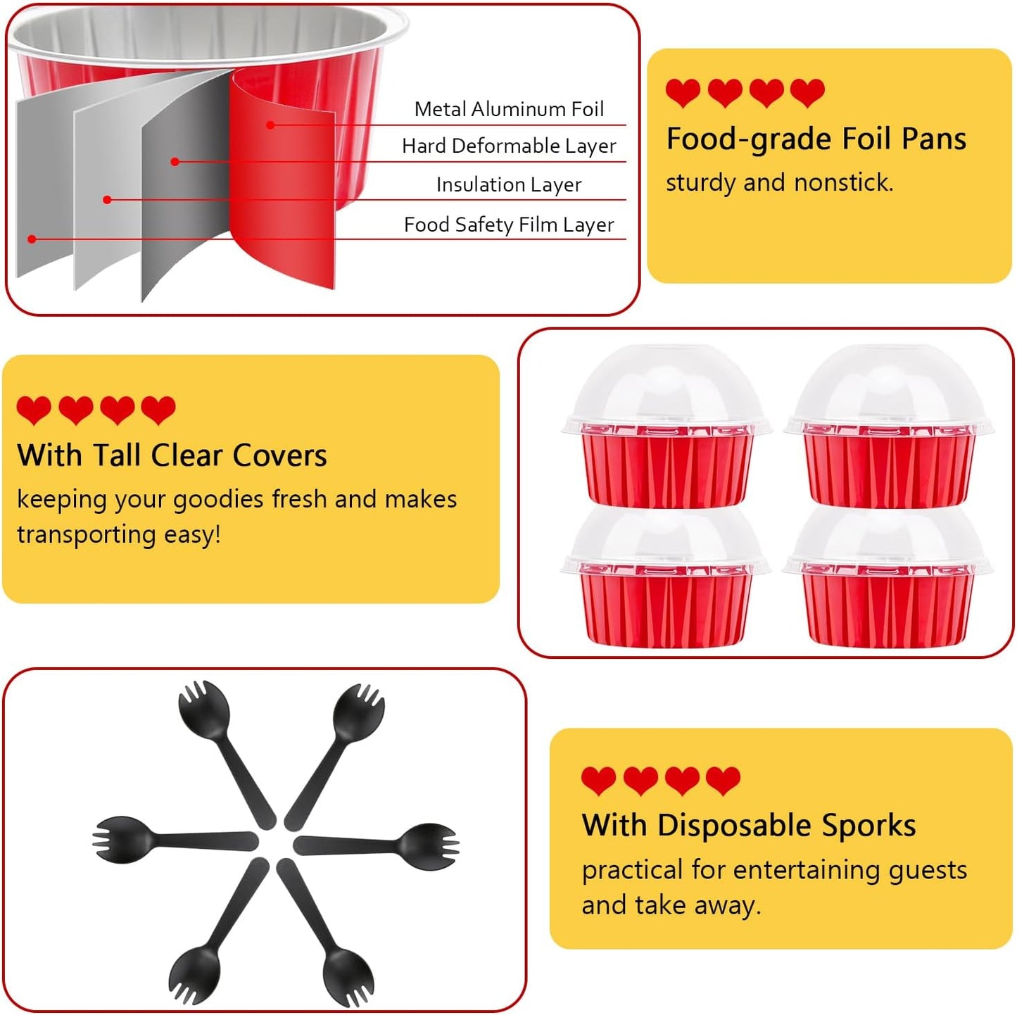 Red Cupcake Liners Muffin Tins 50 Pack,Free-Air 5oz Aluminum Foil Baking Cups with Lids,Disposable Ramekins Cupcake Pans,Jumbo Muffin Liners Cupcake Cups for Custard Mini Pie,with 50 Spoons-Red