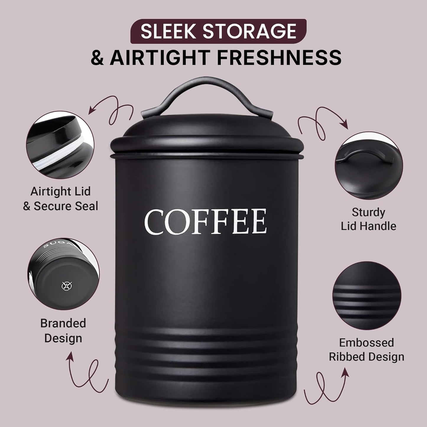 Kitchen Canister Set of 3 Sugar Coffee Tea with lids Food Storage, Black