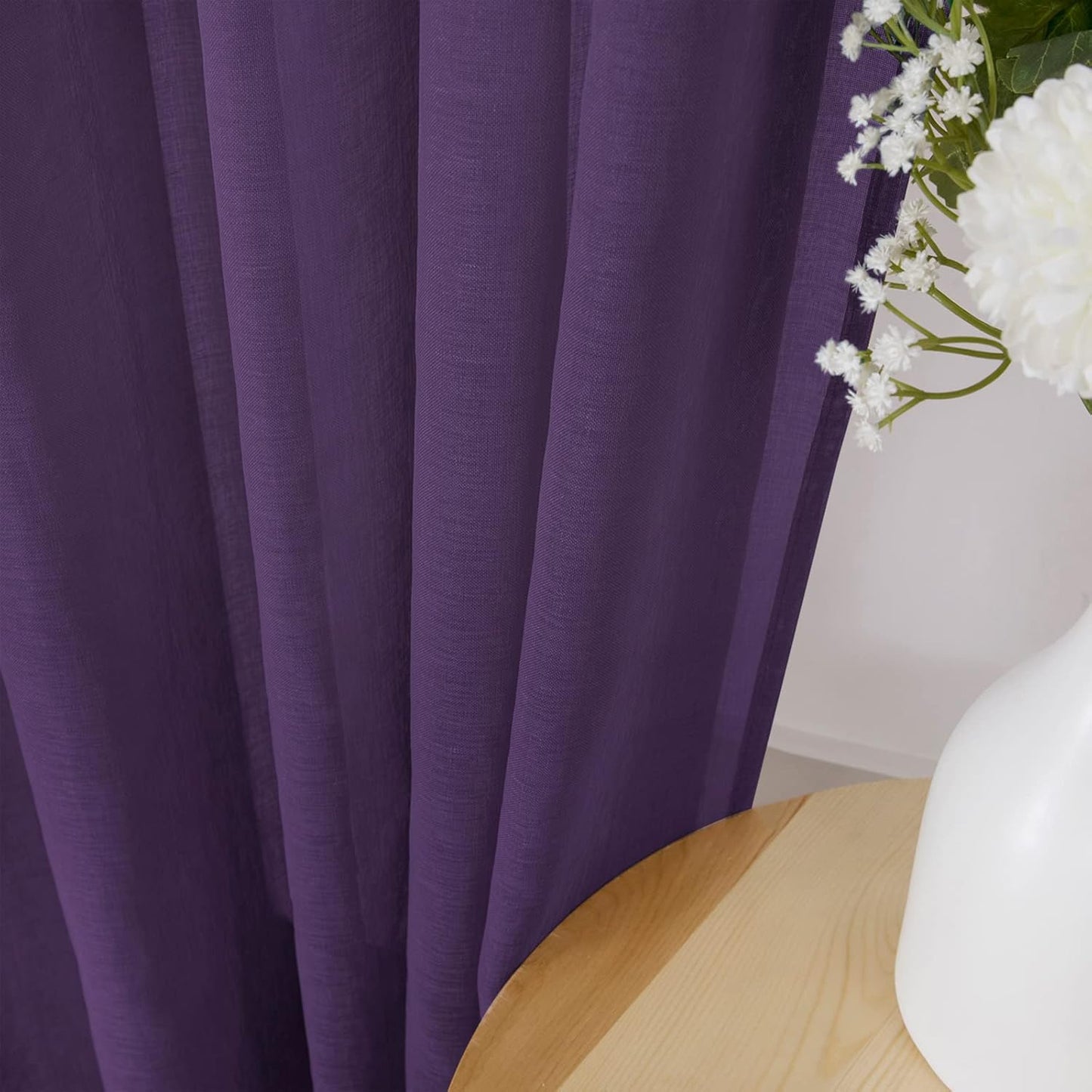 Tollpiz Sheer Curtains Linen Textured Living Room Curtain Sheers Light Filtering Rod Pocket Voile Curtains for Bedroom, 42 x 63 inches Long, Royal Purple, Set of 2 Panels