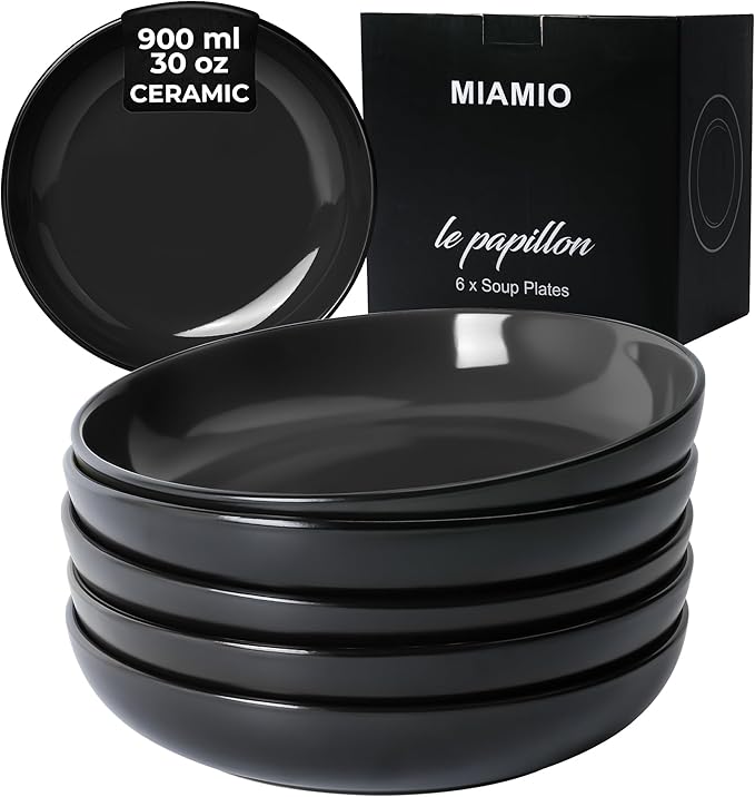 MIAMIO – 30 Oz Set of 6 Pasta Bowls/Salad Bowls, Pasta Plates Wide and Shallow Bowl, Large Ceramic Stoneware Deep Plate Serving Soup, Microwave and Dishwasher Safe - Le Papillon Collection (Black)