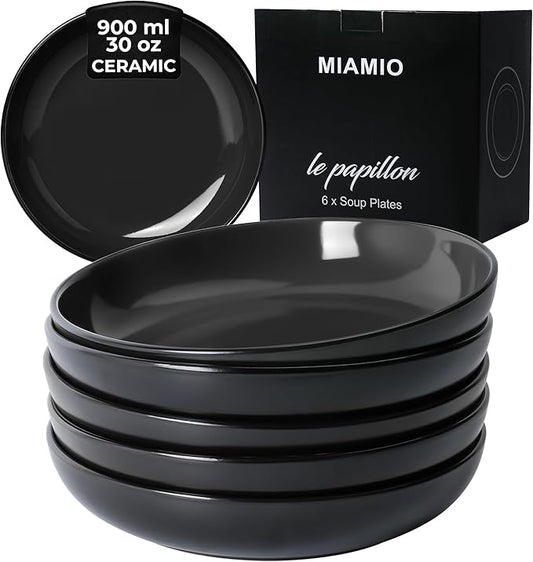 MIAMIO – 30 Oz Set of 6 Pasta Bowls/Salad Bowls, Pasta Plates Wide and Shallow Bowl, Large Ceramic Stoneware Deep Plate Serving Soup, Microwave and Dishwasher Safe - Le Papillon Collection (Black)