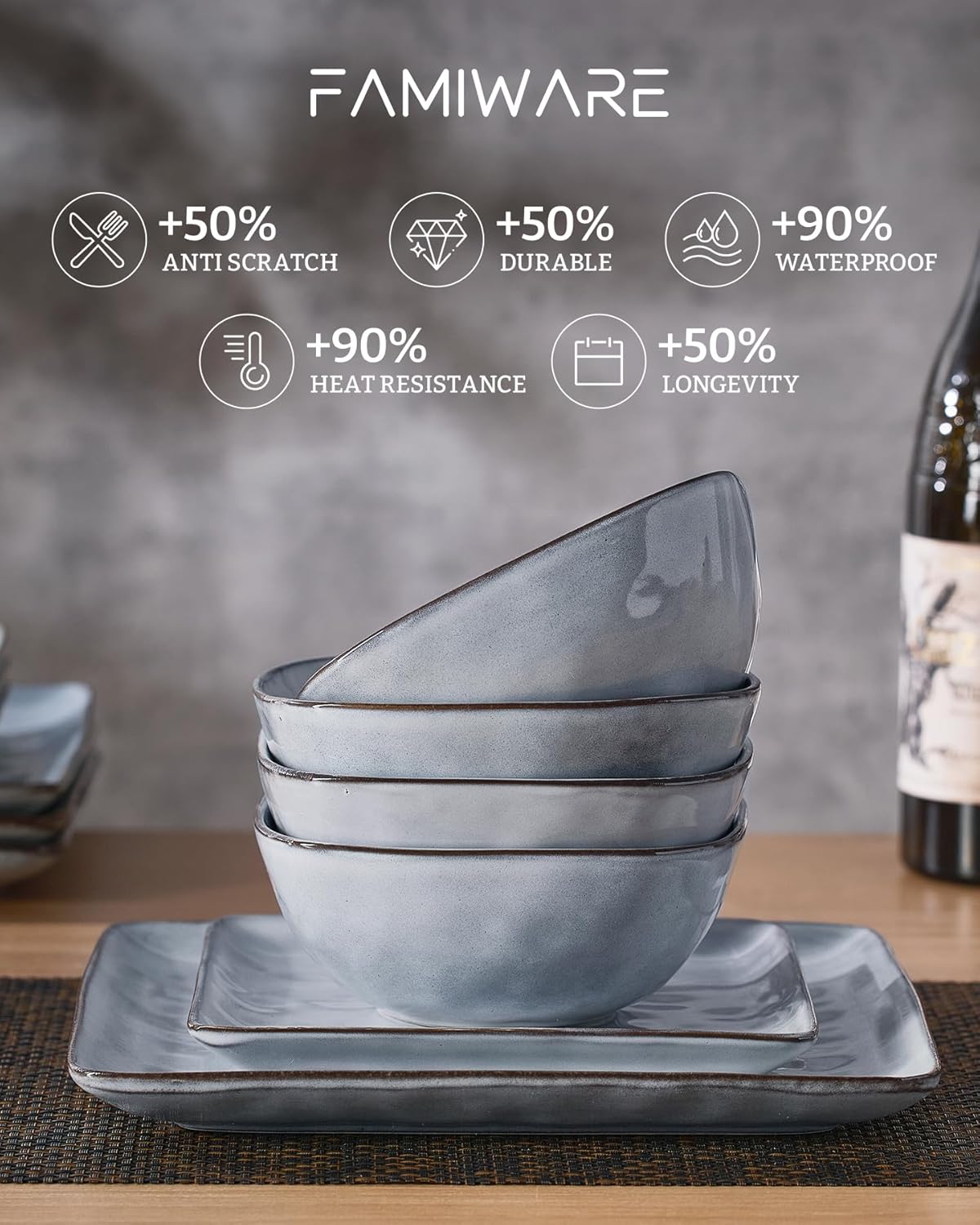 Famiware Ocean Square Plates and Bowls Set, 18 Pieces Dinnerware Sets, Dishes Set for 6, Reactive Glaze, Microwave and Dishwasher Safe, Scratch Resistant, Grey