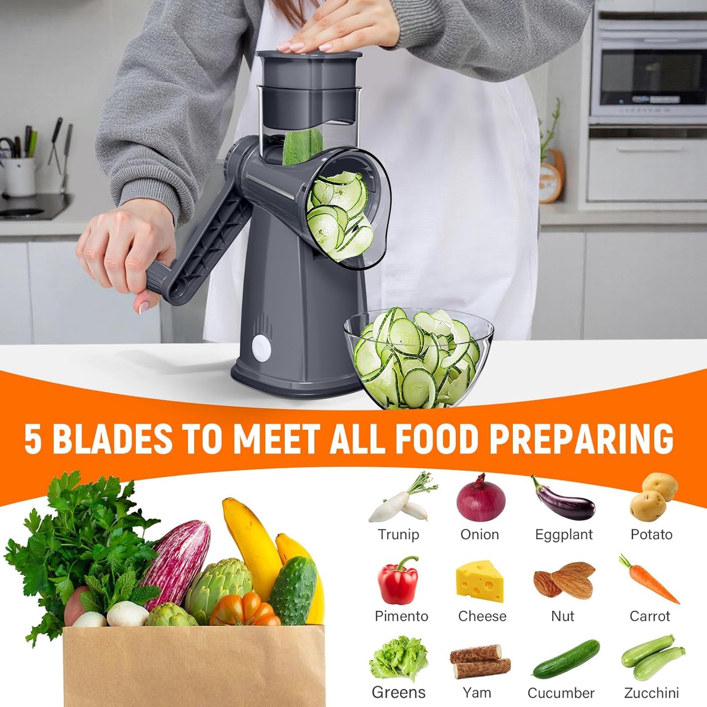 Rotary Cheese Grater Hand Crank with 5 Interchangeable Blades, Vegetable Slicer Chopper for Fruit Vegetable Nuts, Mandoline Slicer for Kitchen with Blades Rack & Suction Base, Grey