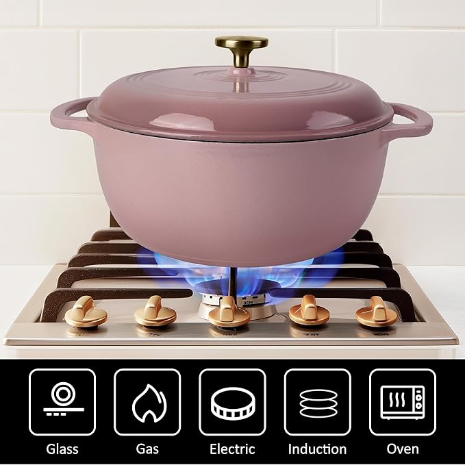 Premium Enameled Cast Iron Dutch Oven for Bread Baking | Non-Stick 2QT Oval Bread Oven with Lid | Perfect for Sourdough, Loaf, and Artisan Baking (Round Pink, 5.5 QT)