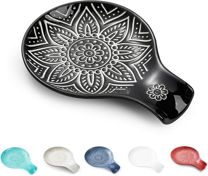Ceramic Spoon Rest, 7.48 Inches Spoon Holder for Kitchen Counter, Kitchen Accessories, Dishwasher Safe, Black