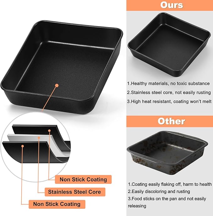 TeamFar 8 Inch Cake Pan, Square Cake Baking Tin & Lid Set, Stainless Steel Core & Nonstick Coating, for Baking Roasting Serving, Healthy & Sturdy, Easy to Release & Clean (2 Pans + 2 Lids)