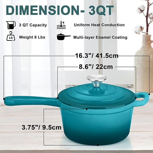 3 Quart Sauce Pan with Lid, Leonyo Enameled Cast Iron Sauce Pot, Large Cast Iron Pot Dutch Oven Kitchen Cookware for All Cooktops Cooking Pasta, Soup, Milk - Up to 500°F & 8bs, Lake Green