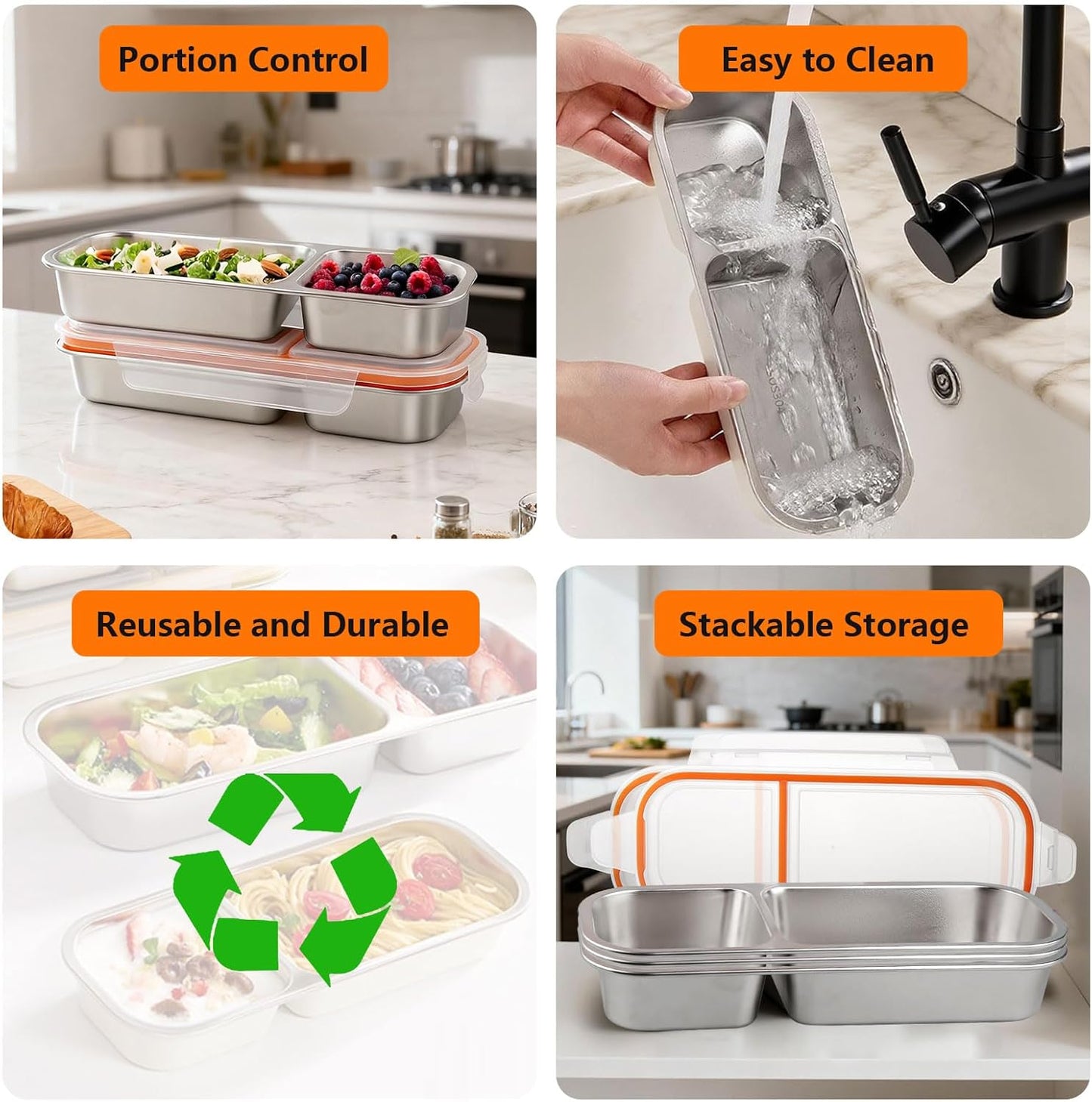 3 Pack Stainless Steel Snack Containers with Lids, Leakproof Lunch Box Containers, Reusable 2 Compartment Snackle Box, Grab and Go lunchable container for Travel