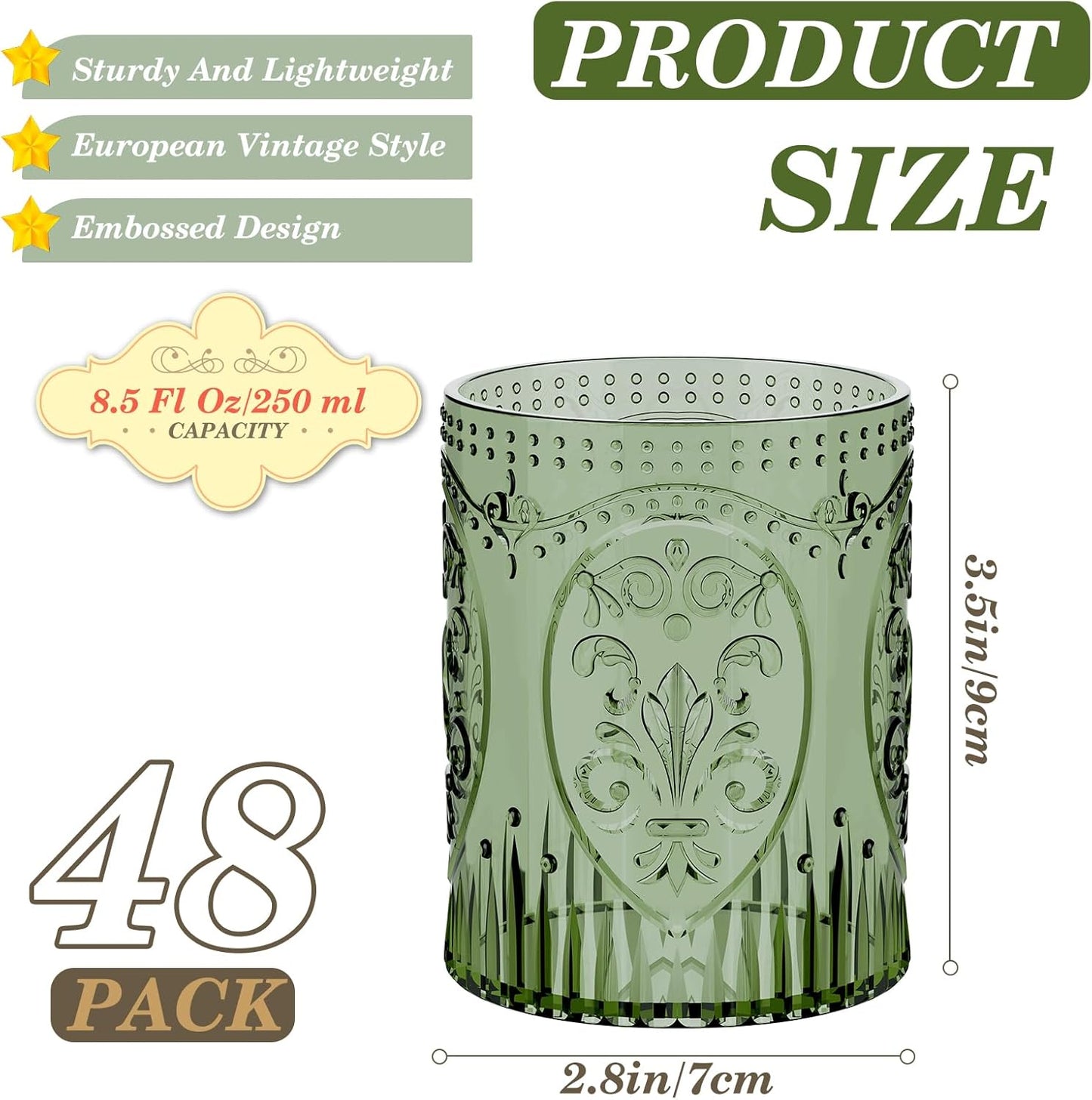 48 Plastic Vintage Drinking Glasses 8.5oz Stemless Retro Embossed Wine Glasses Shatterproof Reusable Cups for Baby Shower Wedding Reception Grand Event Party (Dark Green)