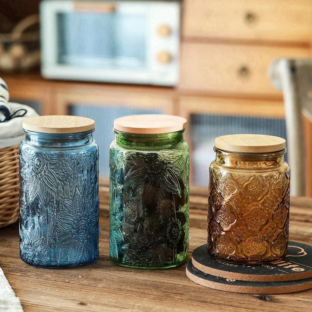 ANSQU 34oz Blue Glass Container, Candy Jar with Lid, Vintage Colored Mason Jars for Kitchen Decorative Jar for Coffee Tea Candy Cookies, Cute Jar (Blue, 1 Pack)