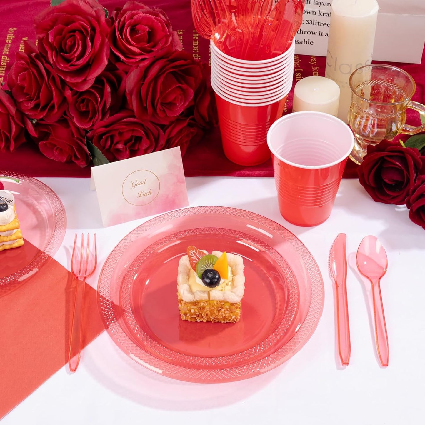 WELLIFE 210Pcs Red Plastic Plates,Clear Red Plastic Dinnerware Set,Party Supplies Including Clear Plates, 12OZ Cups, Disposable Cutlery and Paper Napkins Serve 30 Guests, Disposable Plates for Party