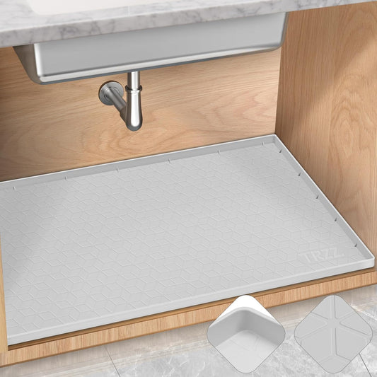 TRZZ Silicone Waterproof Under Sink Mat 34" x 19", Drip Tray and Cabinet Liner for Kitchen and Bathroom, Prevents Water Damage and Organizes Cabinets (Light Grey)