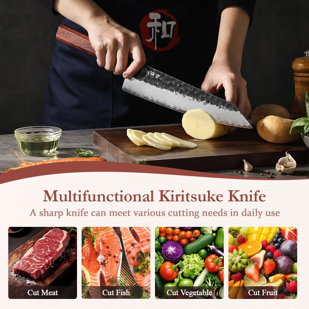 HEZHEN Kiritsuke Knife,9.5 Inches,3 Layers High Carbon Clad Steel Japanese Knife, Professionl Professional Japanese Kitchen Knife, Redwood Octagonal Handle