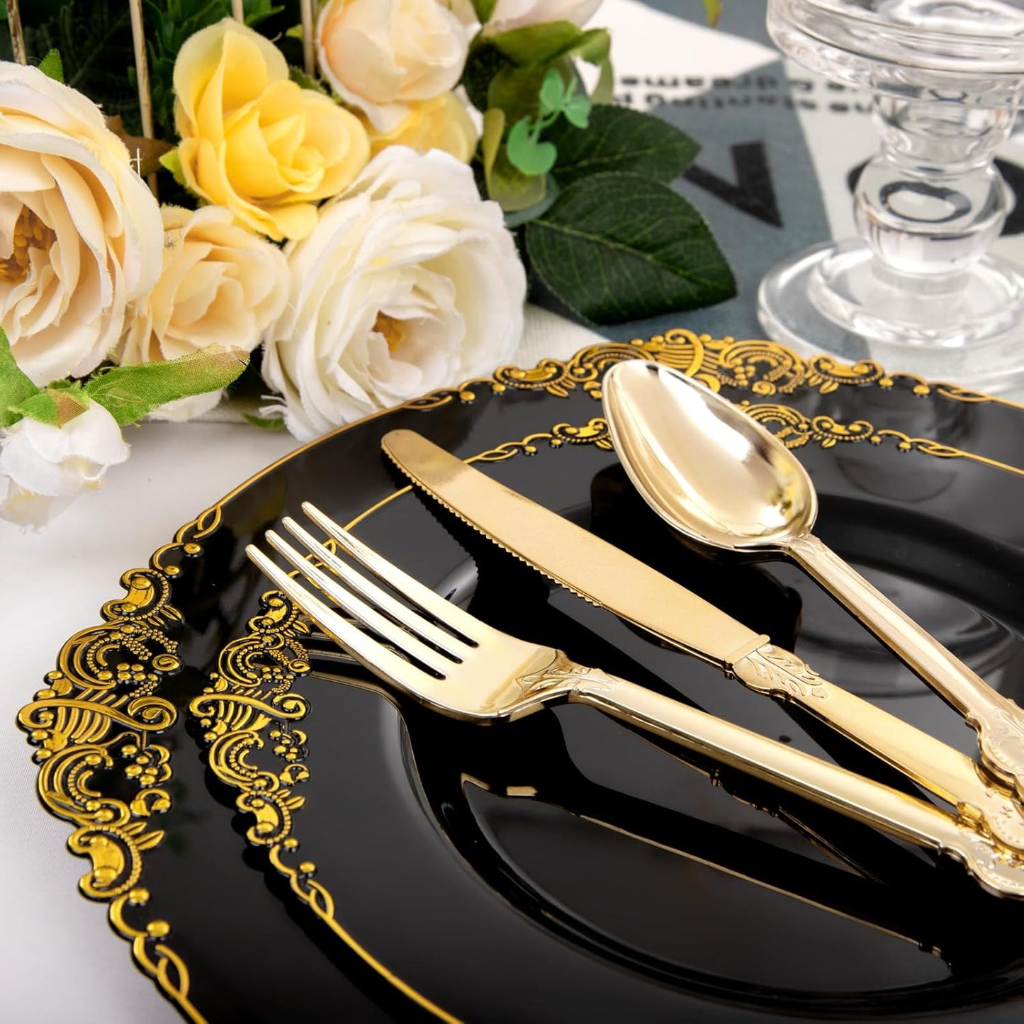 102PCS Black and Gold Plastic Plates - Black Disposable Plates - Heavyweight Disposable Plate with Gold Rim - Fancy Dinner & Dessert Plate for 51 Guests Weddings & Halloween Party