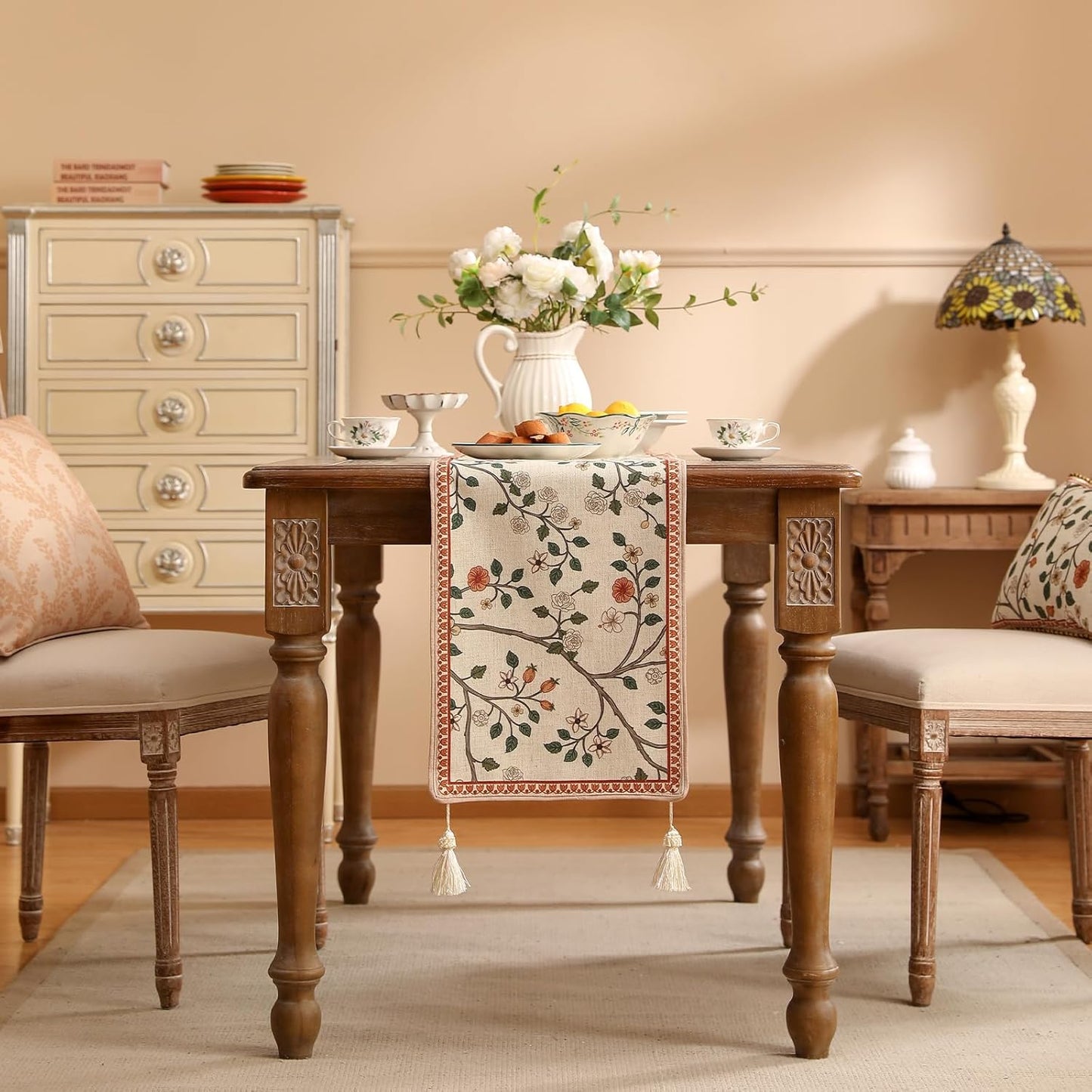 ISAENNE Designer Elegant Linen Floral Table Runner 71 Inches Long,Farmhouse Light Beige Durable Decor Table Runners for Dining Tables,Thanksgiving,Kitchen Tables,Christmas,12"*71"-Flora A