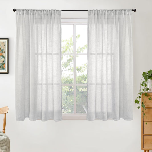 BGment Light Grey Linen Curtains 45 Inch Length for Short Window - Rod Pocket Small Drapes Textured Light Filtering for Cafe Bedroom Semi Sheer Lightweight Natural Rustic, 2 Panels Set, 42 X 45 Inch