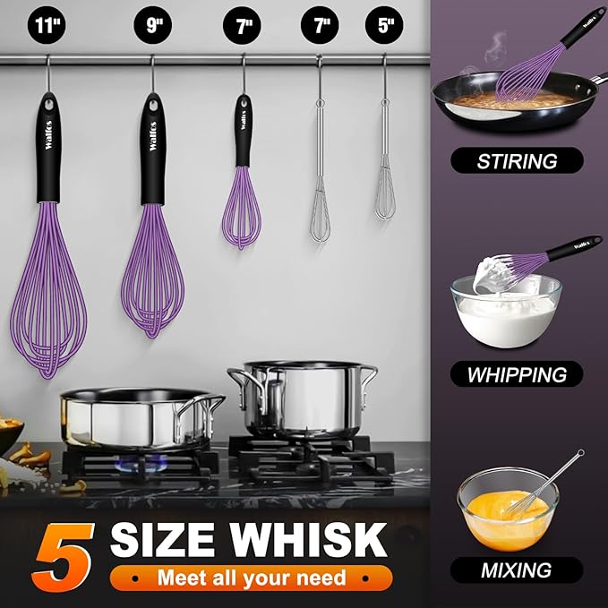 Walfos Whisk, Silicone Whisks Set of 5, Mini Stainless Steel Whisk 7+5in & Non Scratch Coated 7+9+11in Whisks, Suitable for Blending, Whisking, Beating, Frothing & Stirring. (Purple)