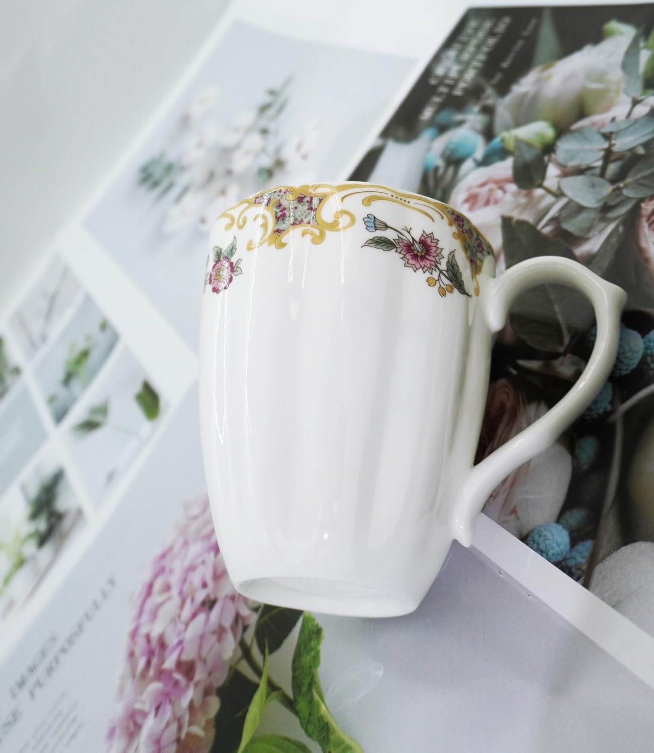 14oz Cute Coffee Mugs for Women Cute Mugs Bone China Floral Coffee Mug Teacups for Mom Women Birthday Gifts Christmas Gifts