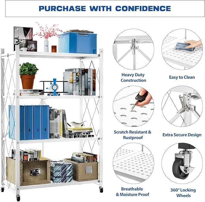 Lifetime Home 4-Tier Foldable Storage Shelf with Wheels - Metal Rack Collapsible Shelving Unit Display, Rolling Cart for Books Kitchen Storage Shelves, Pantry & Closet Organizer, Office Room Decor