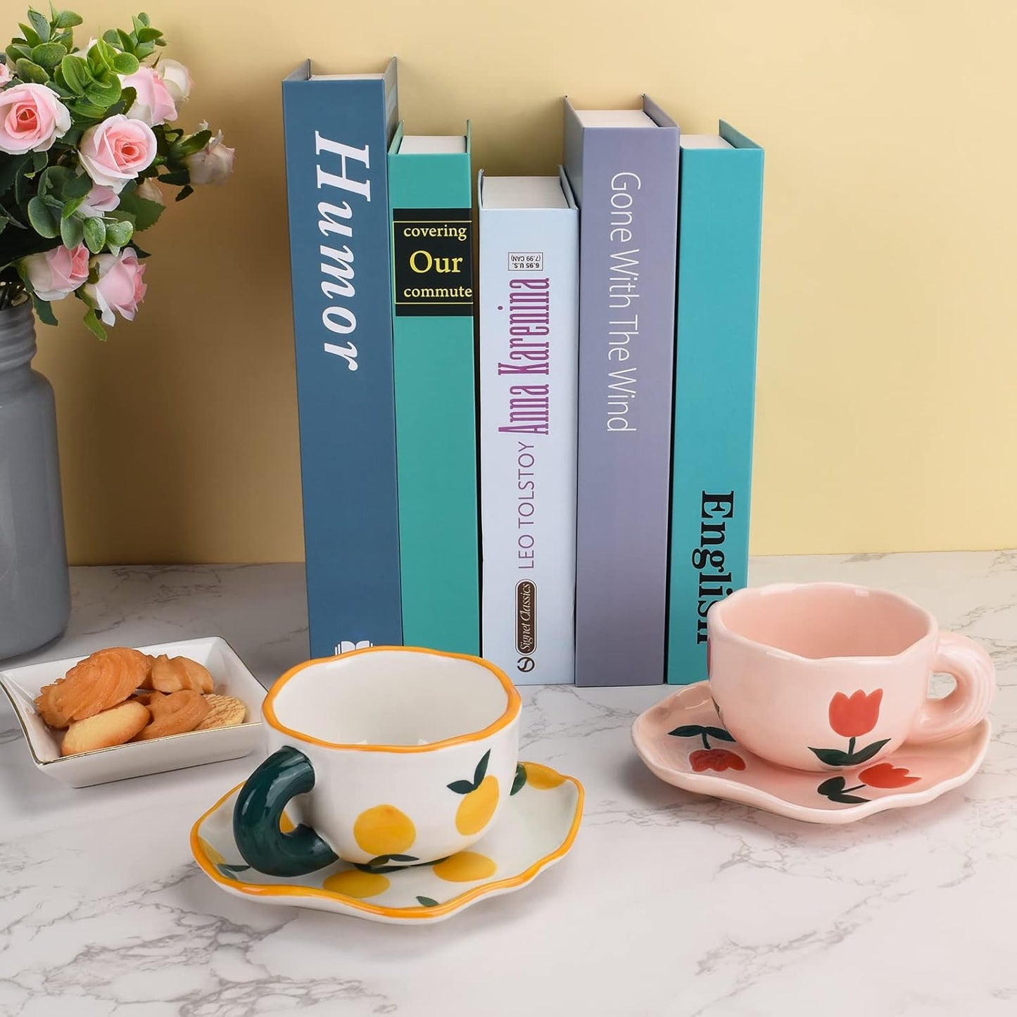 Koythin Ceramic Coffee Mug with Saucer Set, Cute Creative Cup Unique Irregular Saucer Design for Office and Home, Dishwasher and Microwave Safe, 6 oz/180 ml for Latte Tea Milk (Fresh Orange)