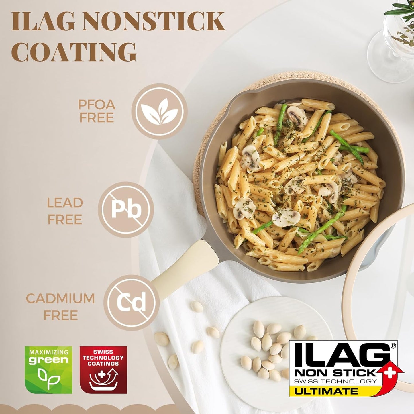 PRICUSIS Nonstick Frying Pan, 8/10/12 Inch Skillet with Stay Cool Handle, Stain/Scratch/Crack Proof, Induction Compatible & Oven Safe, Dishwasher Safe, PTFE & PFOA Free (12-Inch, Natural Linen)