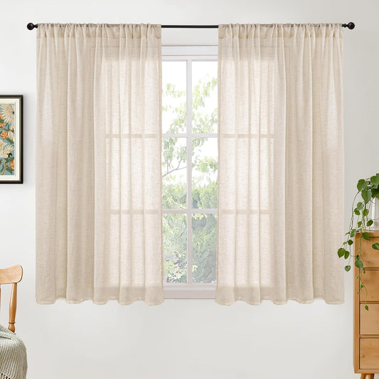 BGment Natural Linen Curtains 45 Inch Length for Short Windows, Drapes Light Filtering for Farmhouse Bathroom Cafe Decor Rustic Lightweight Rod Pocket, 2 Panels Set, 42 Inch Wide Each Panel