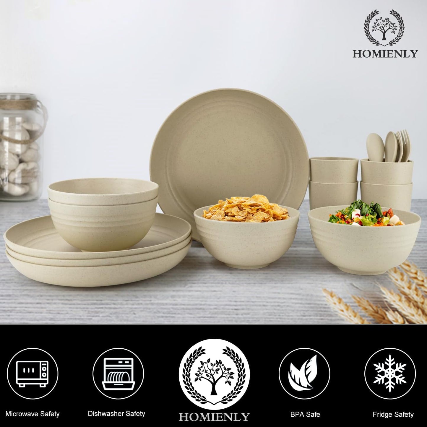 Homienly Wheat Straw Dinnerware Sets, 20pcs Lightweight Unbreakable Dinnerware, Microwave Dishwasher Safe Bowls Cups Forks Spoons set,Perfect for Camping Outdoor, Beige