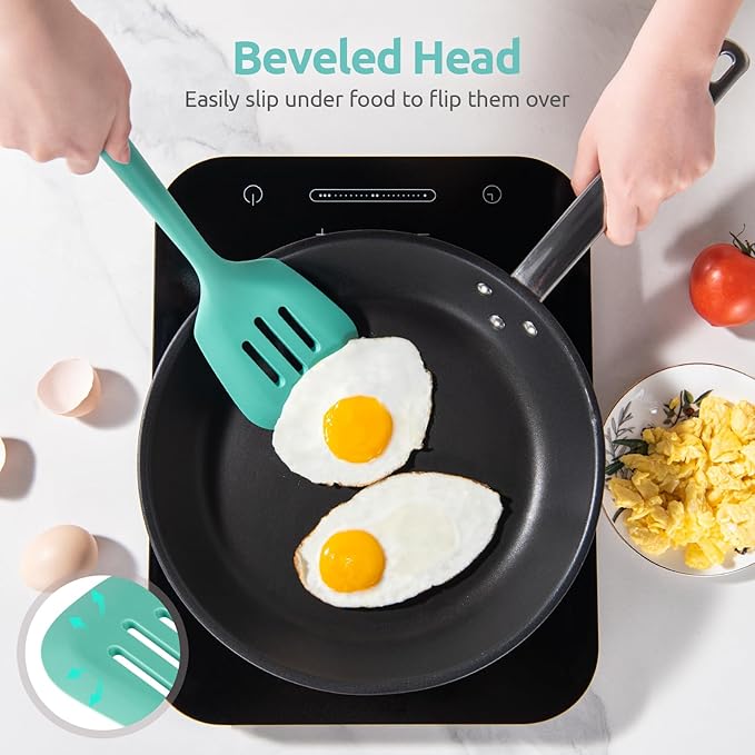 13.6" Slotted Silicone Turner: U-Taste 600ºF Heat Resistant Kitchen Spatula Flipper, Food Grade Flexible Wide Seamless Rubber Cooking Utensil for Egg, Omelette, Burger in Nonstick Cookware (Aqua Sky)