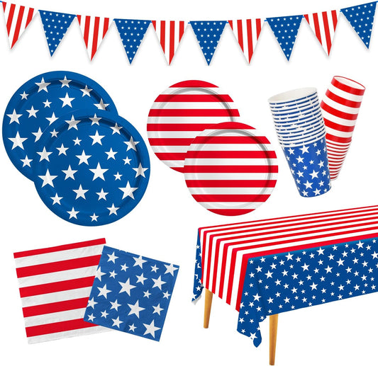 4th of July American Flag Patriotic Party Supplies Disposable Paper Plates Napkins Cocktail Napkins Cups Tablecloth and Banner for Election Day 4th of July Independence Day Decorations, Serve 25