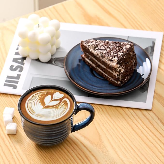 Hasense Ceramic Cappuccino Cups and Saucers Set of 4, 8 oz Tea Coffee Cups Set for Home and Office, Espresso Mugs for Coffee, Cappuccino, Latte, Americano, Milk and Tea - Navy Blue