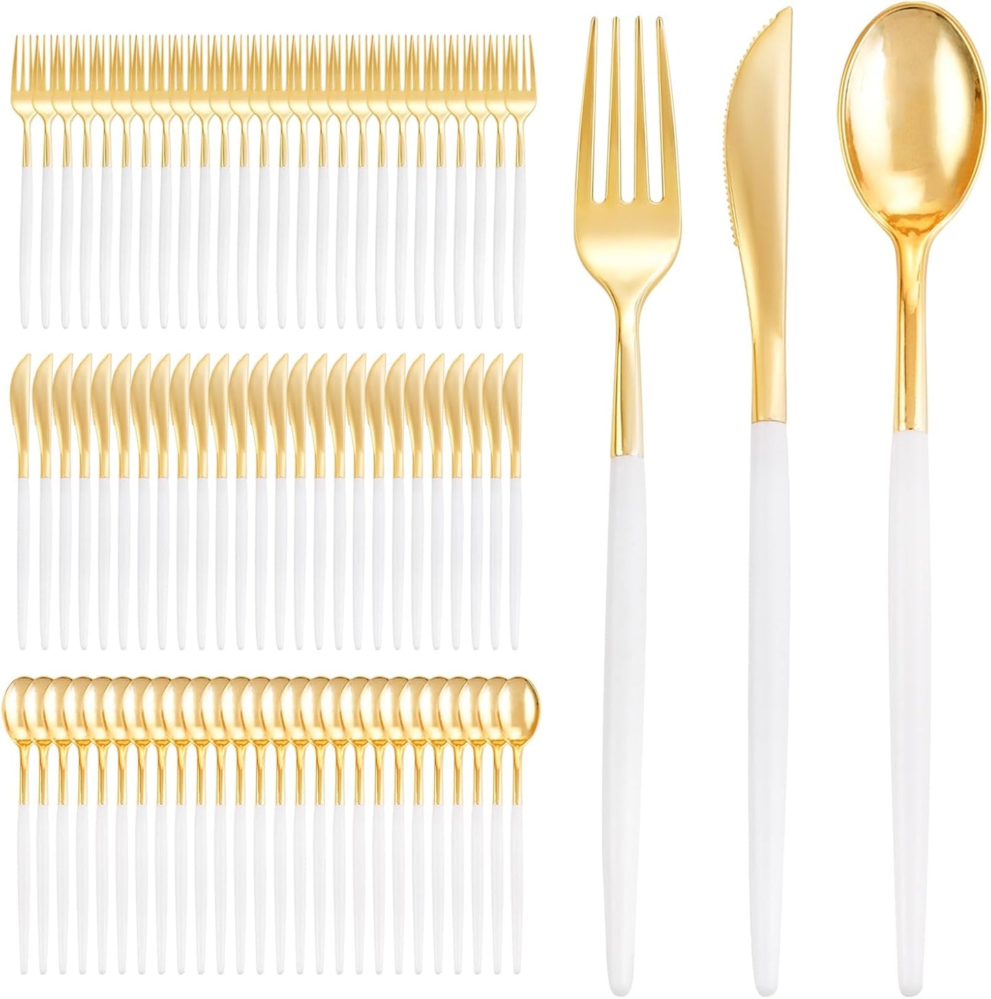 I00000 300 Pcs Gold Plastic Silverware - Gold Disposable Silverware - Premium White Cutlery Set Include 100 Forks 100 Knives 100 Spoons,Plastic Cutlery Party Set for Party & Wedding