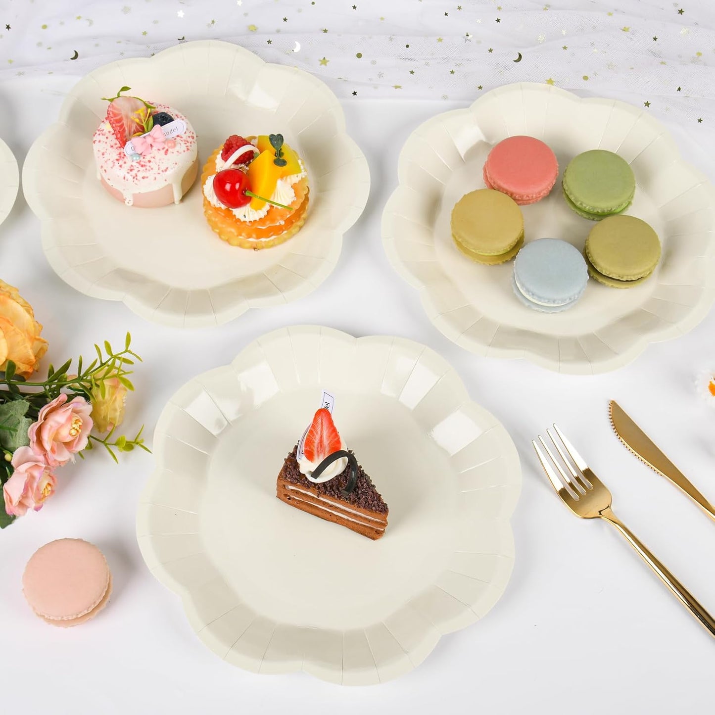 30 Pcs Ivory Paper Plates - 9 Inch Scalloped Dessert Plates Disposable Ivory Birthday Party Supplies Dinner Plates for Wedding Baby Shower Birthday Party