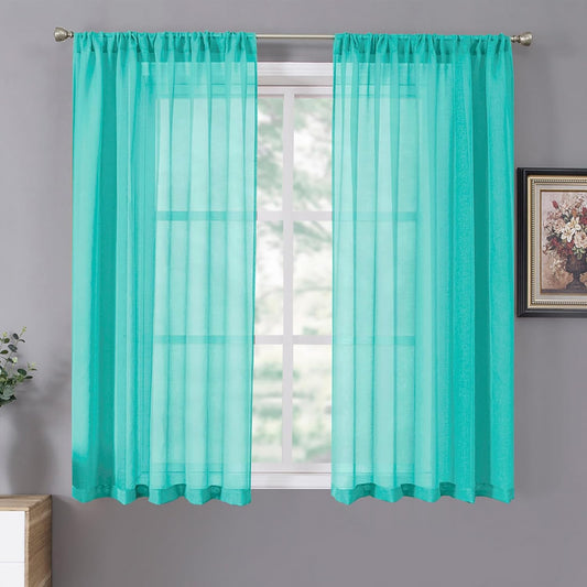 Tollpiz Short Sheer Curtains Linen Textured Bedroom Curtain Sheers Light Filtering Rod Pocket Voile Curtains for Living Room, 54 x 45 inches Long, Aqua Blue, Set of 2 Panels