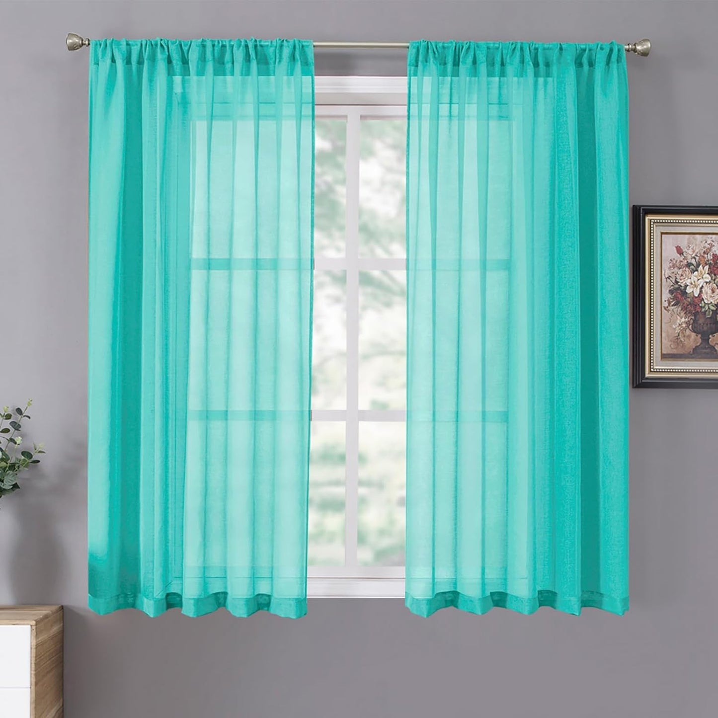 Tollpiz Short Sheer Curtain Linen Textured Living Room Curtains Sheer Light Filtering Rod Pocket Voile Curtain for Bedroom, 42 x 54 inches Long, Aqua Blue, Set of 2 Panels