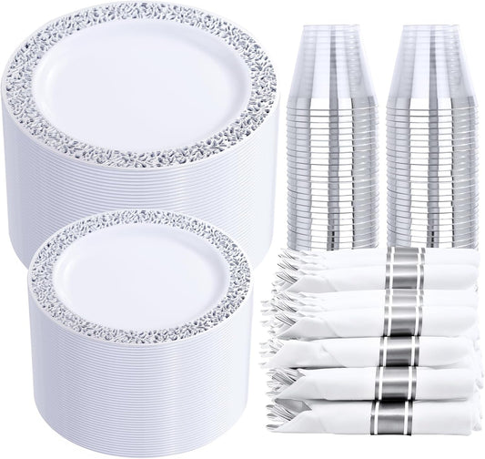 DaYammi 210PCS Silver Plastic Dinnerware Set, Silver Disposable Plates, Includes:30 Dinner Plates,30 Salad Plates,30 Cups 9 OZ and 30 Pre Rolled Napkins with Cutlery Heavy Duty for Party