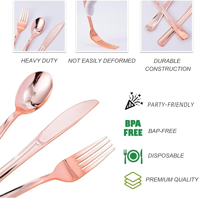 N9R 300PCS Rose Gold Plastic Silverware, Heavy Duty Plastic Cutlery Set, Disposable Rose Gold Utensils Include 100 Forks, 100 Spoons, 100 Knives, Perfect for Party Decorations