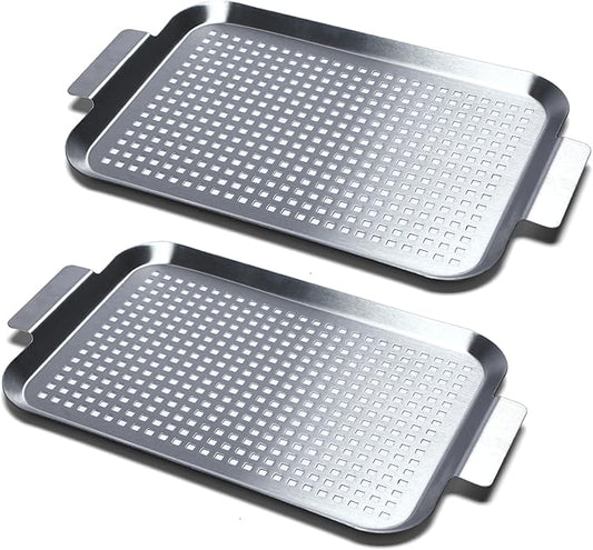 Grill Pan Set of 2, BBQ Grill Topper for Outdoor Grill, Stainless Steel Grilling Baskets with Holes and Handles, Perforated Food Tray Barbecue Accessories for Vegetable, Fish, Middle x 2