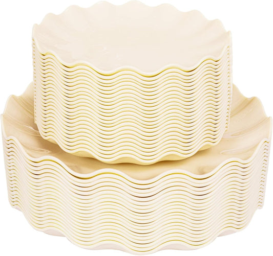 LIYH 50 Pcs Beige Plastic Plates Reusable Unbreakable Dinner Plates Scalloped Plastic Plates Dishwasher Safe Ivory Plate Sets Perfect for Parties Birthday Picnics BPA Free (25Guests)