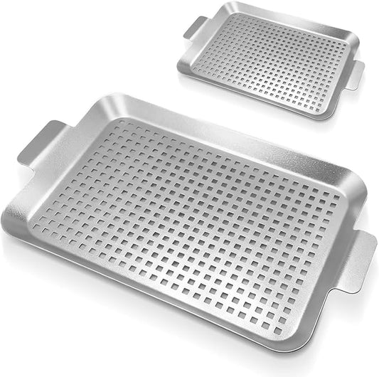 Grill Pan Set of 2, Grill Topper for Outdoor Grill, Stainless Steel Roasting Basket with Handles, Perforated Grill Tray for Smoker Roasting, Oven, BBQ Accessories (Small+Large)