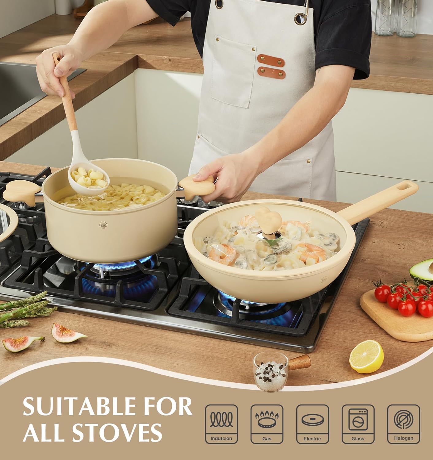 Stock Pot with Lid, 6 Quart Pot with Nonstick Cream Interior, Nonstick Soup Pots with Cool-Touch Heart-Shaped Handles, Stylish Cooking Pots with Lid, Induction Compatible, Cream Color