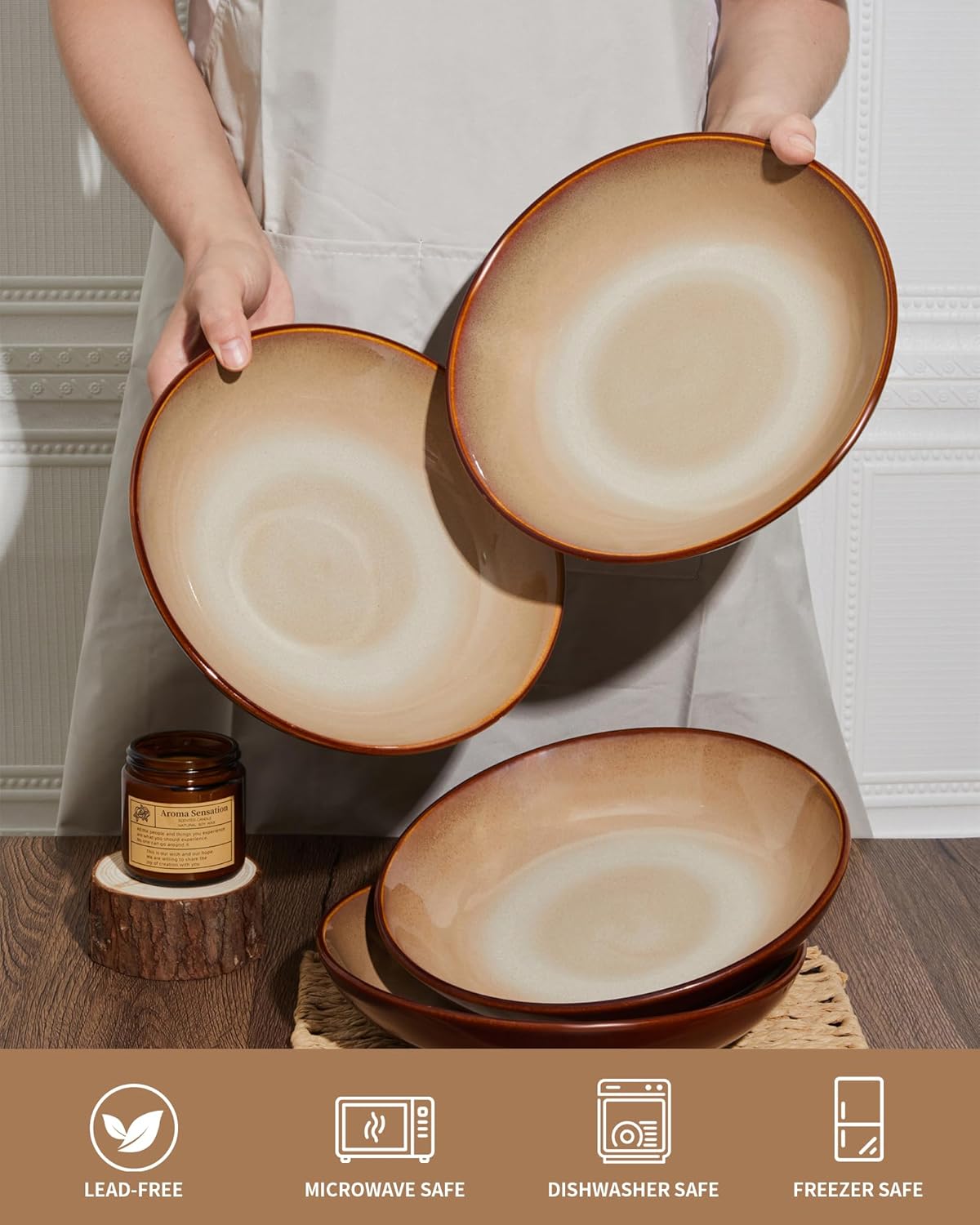 Ceramic 32 Oz Pasta Bowls, 8.75 Inch Reactive Glaze Pasta Bowl Set of 4, Microwave & Dishwasher Safe, Large Wide Serving Bowls for Salad, Dessert, Soup, Fruit, Brown and Yellow