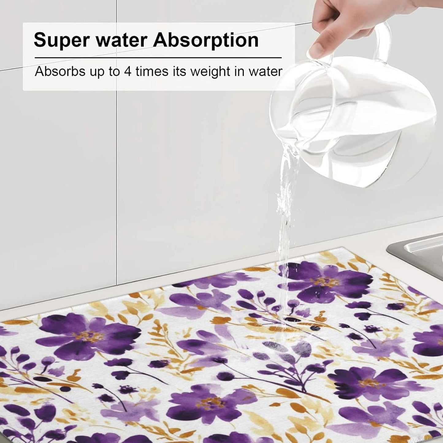 Purple Gold Floral Dish Drying Mats for Kitchen Counter & Sink, 18" x 24" Decorative Watercolor Flowers Dish Drainer Rack Mats, Absorbent Microfiber Drying Pad for Dishes, Gift for Women, Home Decor